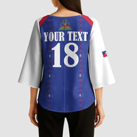 Custom Haiti Football Kimono Sleeve Blouse Les Grenadiers Veve Haitian Vodou Blue Version - Wonder Print Shop