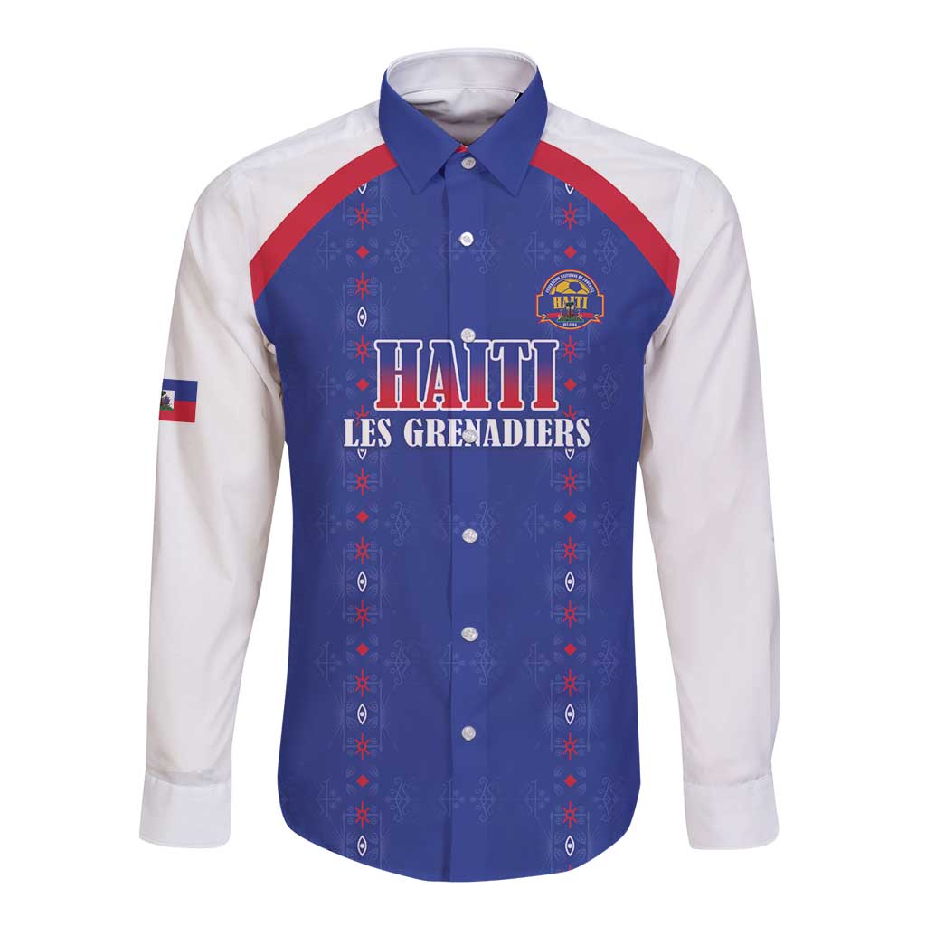 Custom Haiti Football Long Sleeve Button Shirt Les Grenadiers Veve Haitian Vodou Blue Version - Wonder Print Shop