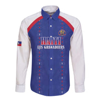 Custom Haiti Football Long Sleeve Button Shirt Les Grenadiers Veve Haitian Vodou Blue Version - Wonder Print Shop