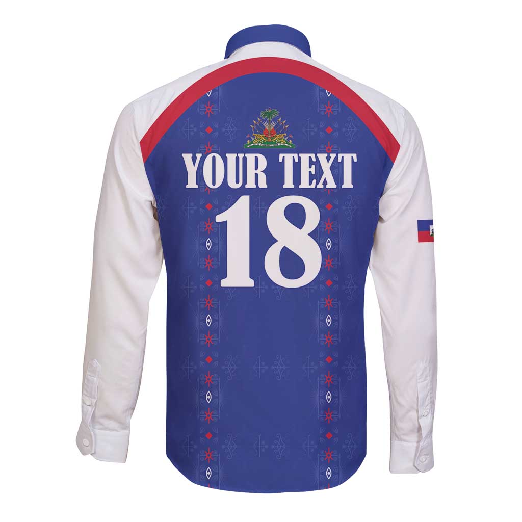 Custom Haiti Football Long Sleeve Button Shirt Les Grenadiers Veve Haitian Vodou Blue Version - Wonder Print Shop