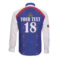 Custom Haiti Football Long Sleeve Button Shirt Les Grenadiers Veve Haitian Vodou Blue Version - Wonder Print Shop