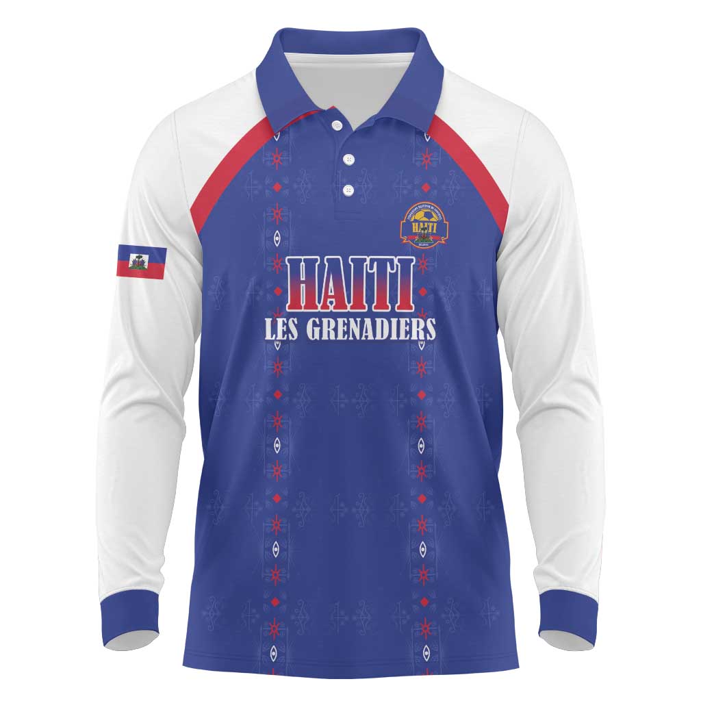 Custom Haiti Football Long Sleeve Polo Shirt Les Grenadiers Veve Haitian Vodou Blue Version - Wonder Print Shop