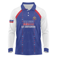 Custom Haiti Football Long Sleeve Polo Shirt Les Grenadiers Veve Haitian Vodou Blue Version - Wonder Print Shop