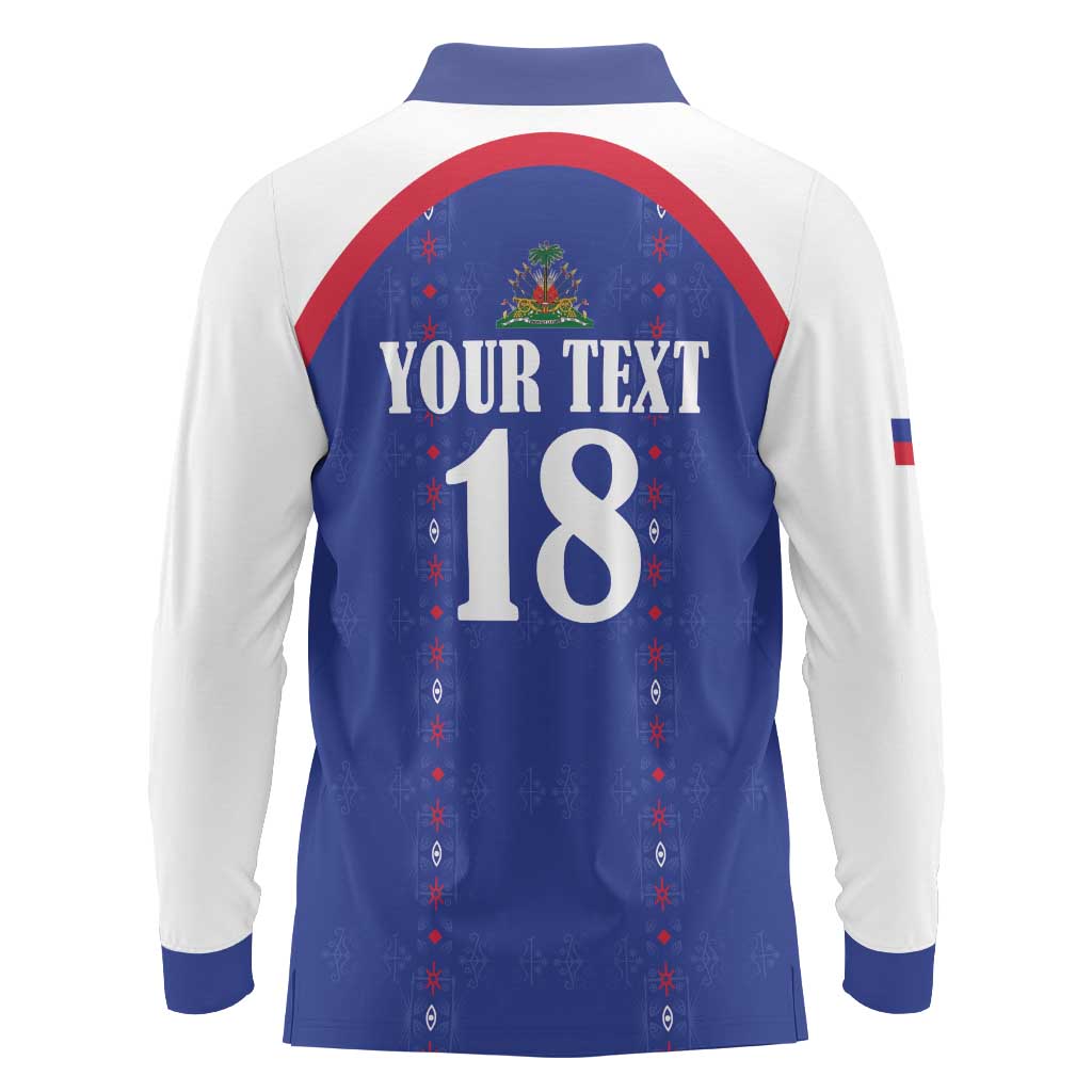 Custom Haiti Football Long Sleeve Polo Shirt Les Grenadiers Veve Haitian Vodou Blue Version - Wonder Print Shop