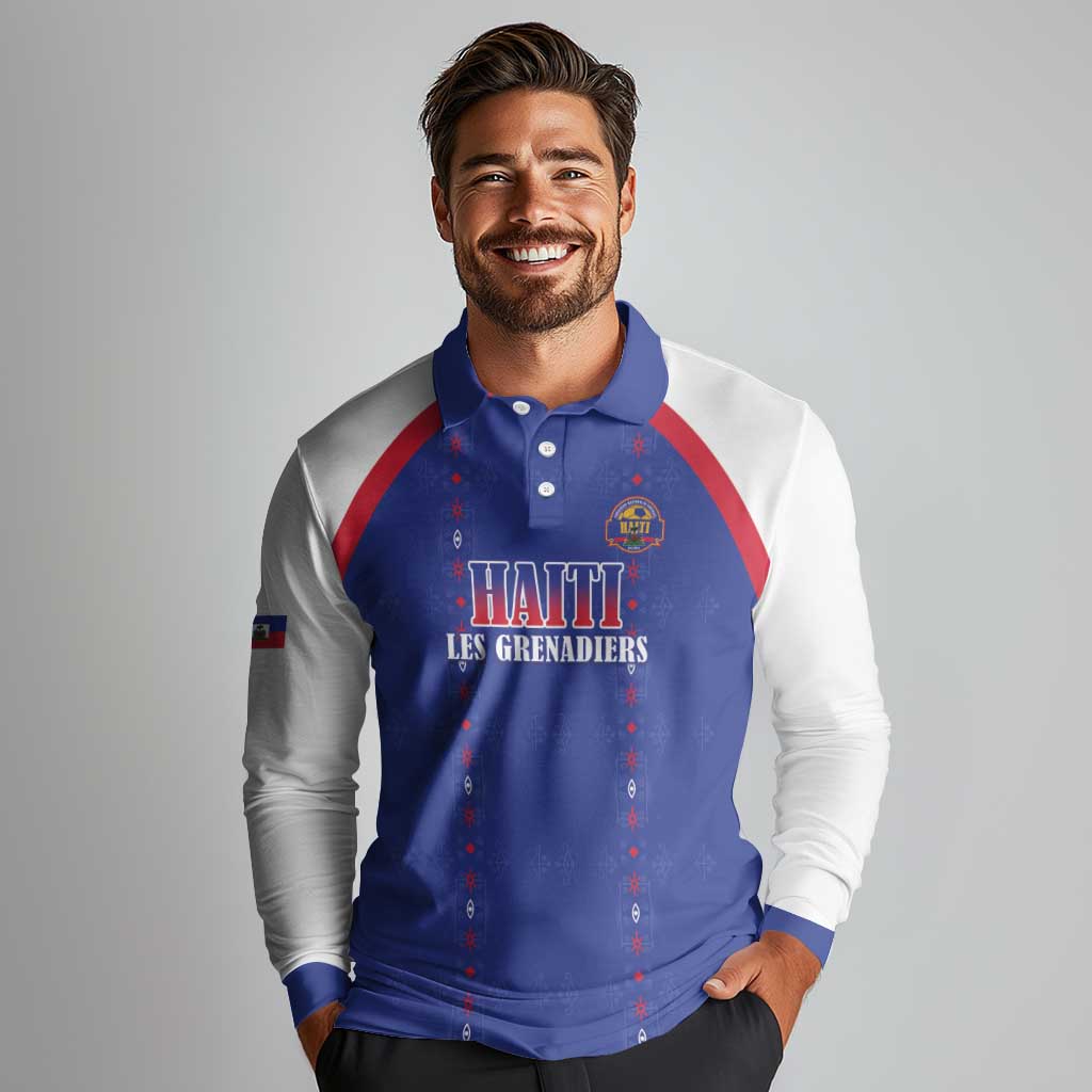 Custom Haiti Football Long Sleeve Polo Shirt Les Grenadiers Veve Haitian Vodou Blue Version - Wonder Print Shop