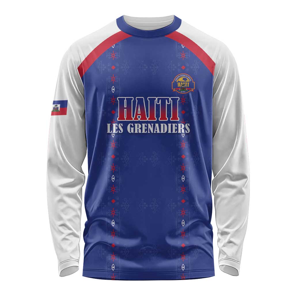 Custom Haiti Football Long Sleeve Shirt Les Grenadiers Veve Haitian Vodou Blue Version - Wonder Print Shop