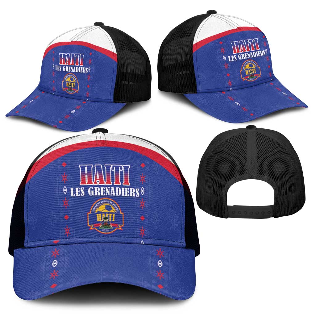 Haiti Football Mesh Trucker Cap Les Grenadiers Veve Haitian Vodou Blue Version - Wonder Print Shop