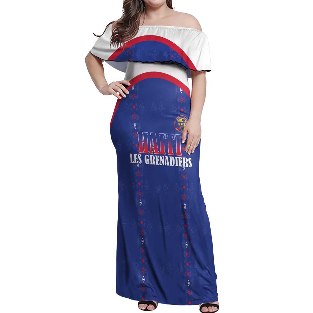 Custom Haiti Football Off Shoulder Maxi Dress Les Grenadiers Veve Haitian Vodou Blue Version - Wonder Print Shop