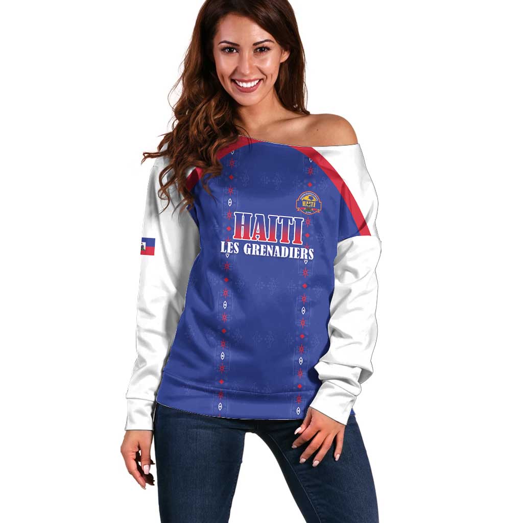 Custom Haiti Football Off Shoulder Sweater Les Grenadiers Veve Haitian Vodou Blue Version - Wonder Print Shop