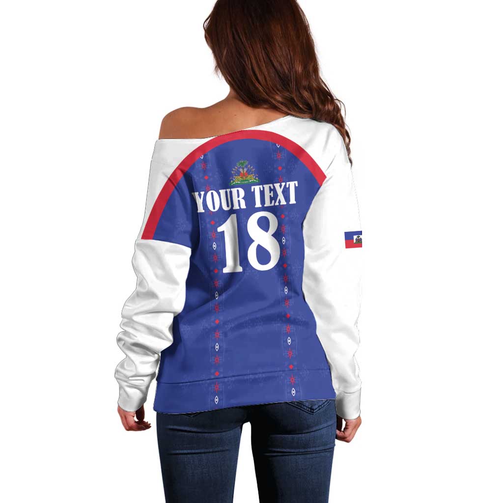 Custom Haiti Football Off Shoulder Sweater Les Grenadiers Veve Haitian Vodou Blue Version - Wonder Print Shop