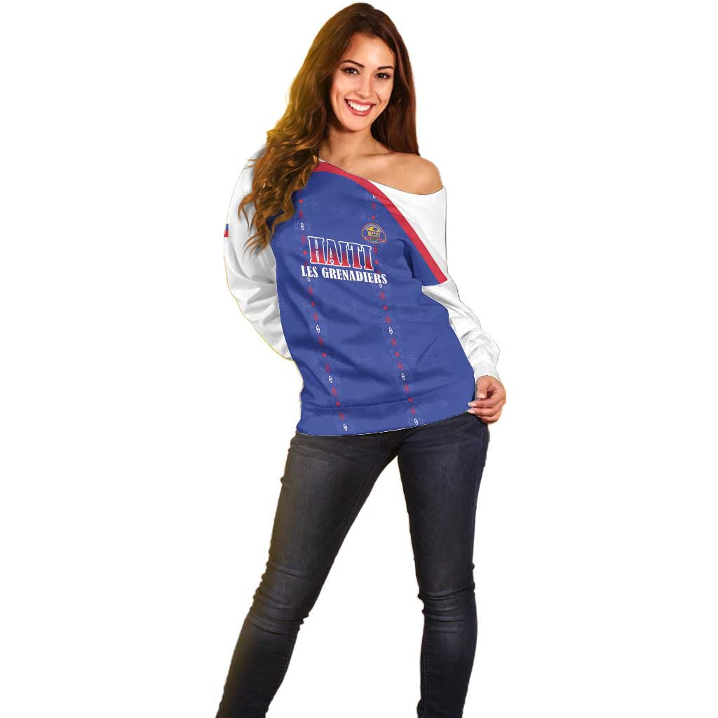 Custom Haiti Football Off Shoulder Sweater Les Grenadiers Veve Haitian Vodou Blue Version - Wonder Print Shop