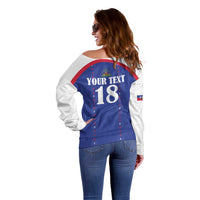 Custom Haiti Football Off Shoulder Sweater Les Grenadiers Veve Haitian Vodou Blue Version - Wonder Print Shop
