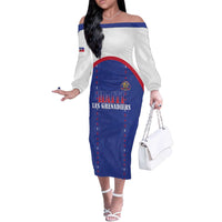 Custom Haiti Football Off The Shoulder Long Sleeve Dress Les Grenadiers Veve Haitian Vodou Blue Version - Wonder Print Shop