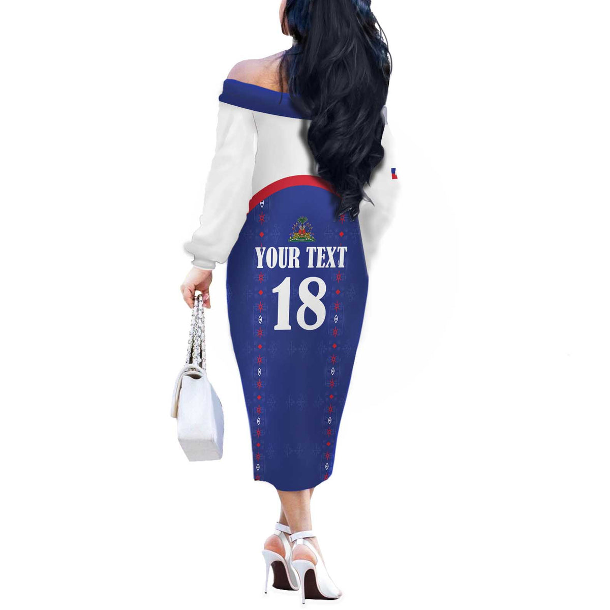 Custom Haiti Football Off The Shoulder Long Sleeve Dress Les Grenadiers Veve Haitian Vodou Blue Version - Wonder Print Shop