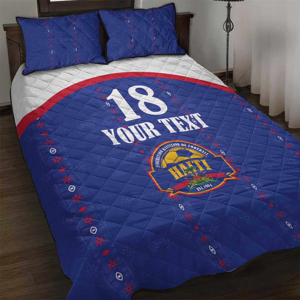 Custom Haiti Football Quilt Bed Set Les Grenadiers Veve Haitian Vodou Blue Version - Wonder Print Shop