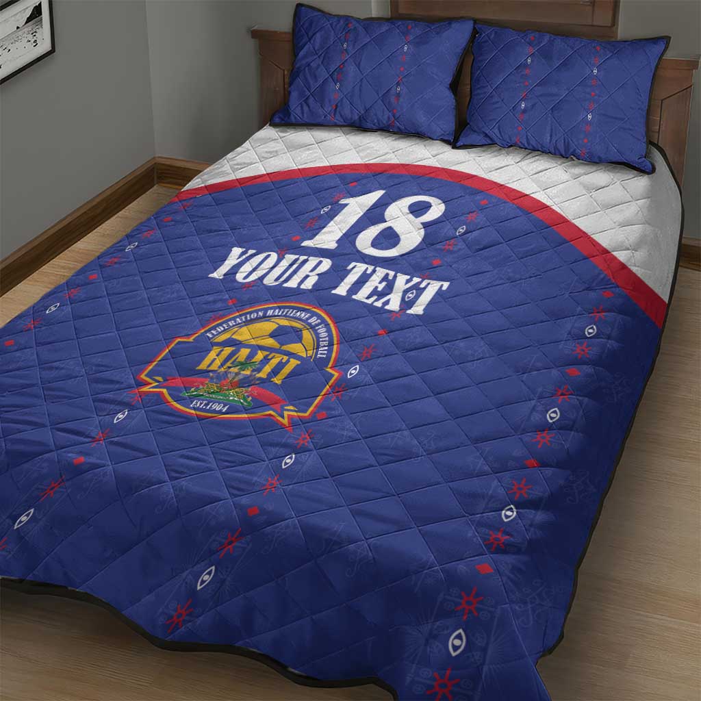 Custom Haiti Football Quilt Bed Set Les Grenadiers Veve Haitian Vodou Blue Version - Wonder Print Shop