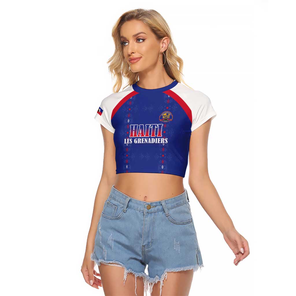 Custom Haiti Football Raglan Cropped T Shirt Les Grenadiers Veve Haitian Vodou Blue Version - Wonder Print Shop