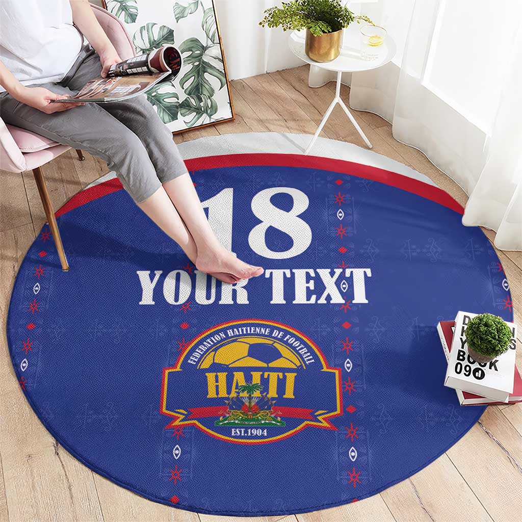 Custom Haiti Football Round Carpet Les Grenadiers Veve Haitian Vodou Blue Version - Wonder Print Shop