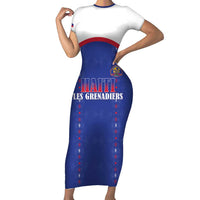 Custom Haiti Football Short Sleeve Bodycon Dress Les Grenadiers Veve Haitian Vodou Blue Version - Wonder Print Shop
