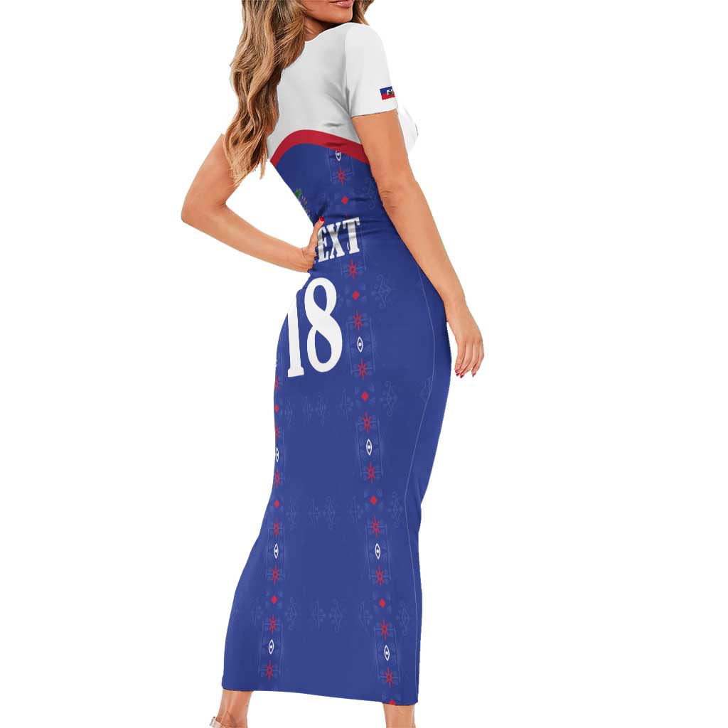 Custom Haiti Football Short Sleeve Bodycon Dress Les Grenadiers Veve Haitian Vodou Blue Version - Wonder Print Shop