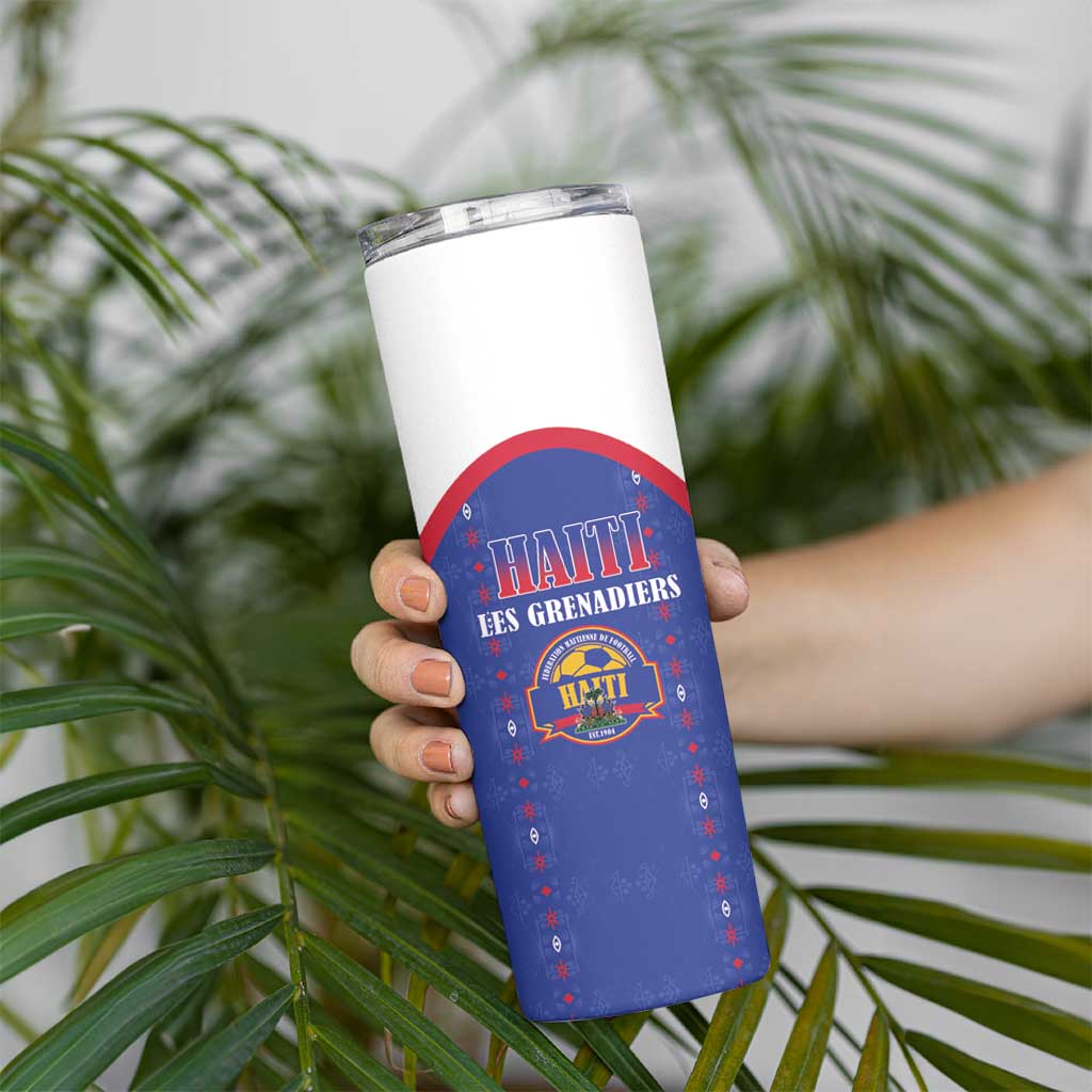 Custom Haiti Football Skinny Tumbler Les Grenadiers Veve Haitian Vodou Blue Version - Wonder Print Shop