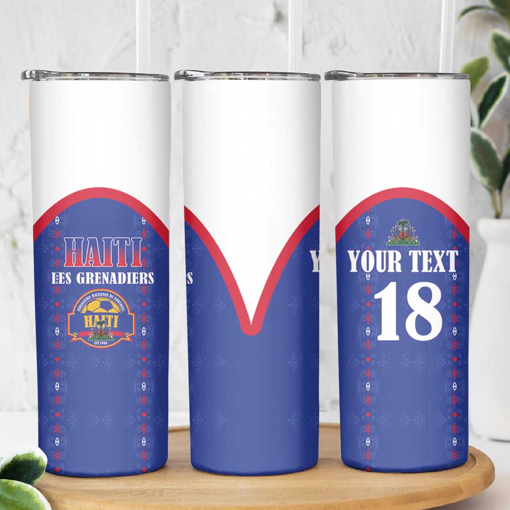 Custom Haiti Football Skinny Tumbler Les Grenadiers Veve Haitian Vodou Blue Version - Wonder Print Shop