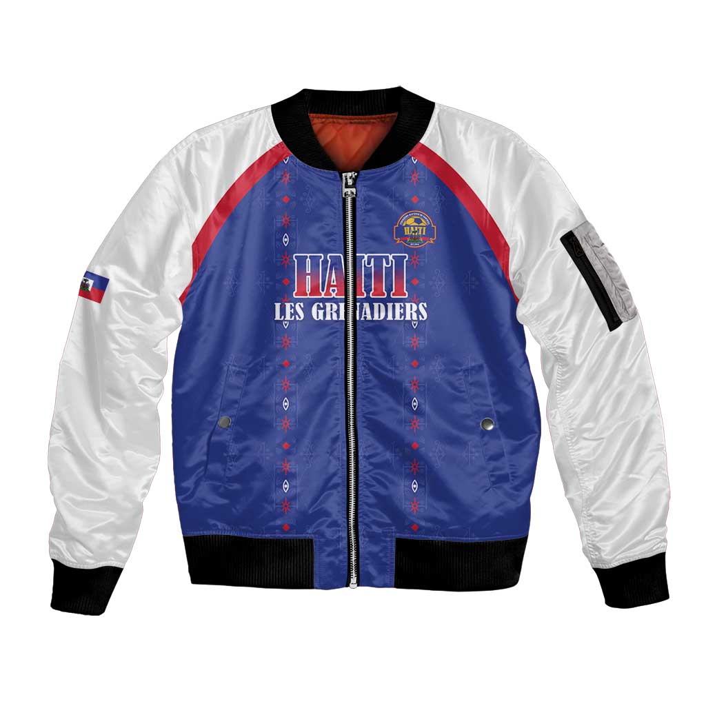 Custom Haiti Football Sleeve Zip Bomber Jacket Les Grenadiers Veve Haitian Vodou Blue Version - Wonder Print Shop