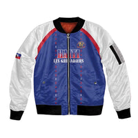 Custom Haiti Football Sleeve Zip Bomber Jacket Les Grenadiers Veve Haitian Vodou Blue Version - Wonder Print Shop