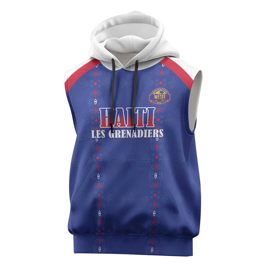 Custom Haiti Football Sleeveless Hoodie Les Grenadiers Veve Haitian Vodou Blue Version - Wonder Print Shop