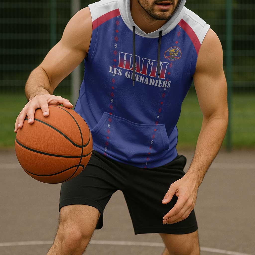 Custom Haiti Football Sleeveless Hoodie Les Grenadiers Veve Haitian Vodou Blue Version - Wonder Print Shop