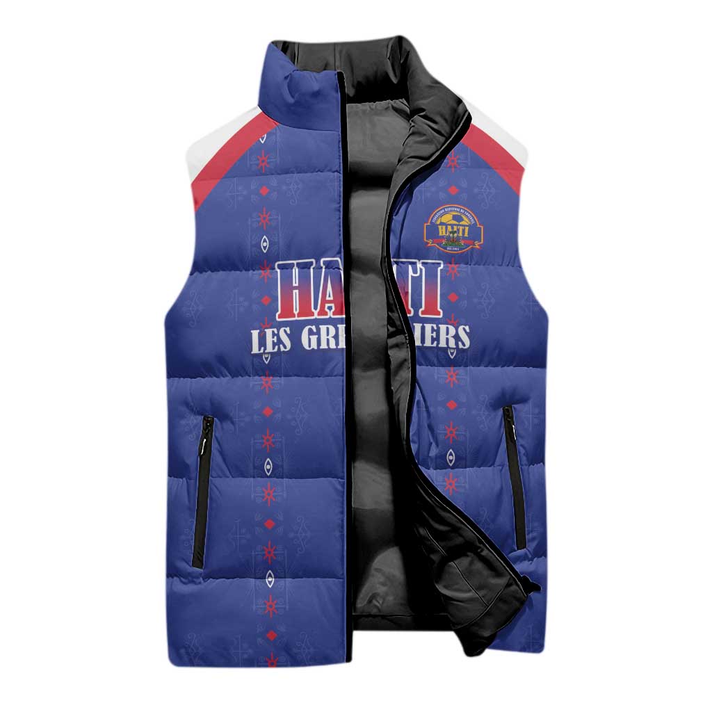 Custom Haiti Football Sleeveless Puffer Jacket Les Grenadiers Veve Haitian Vodou Blue Version - Wonder Print Shop