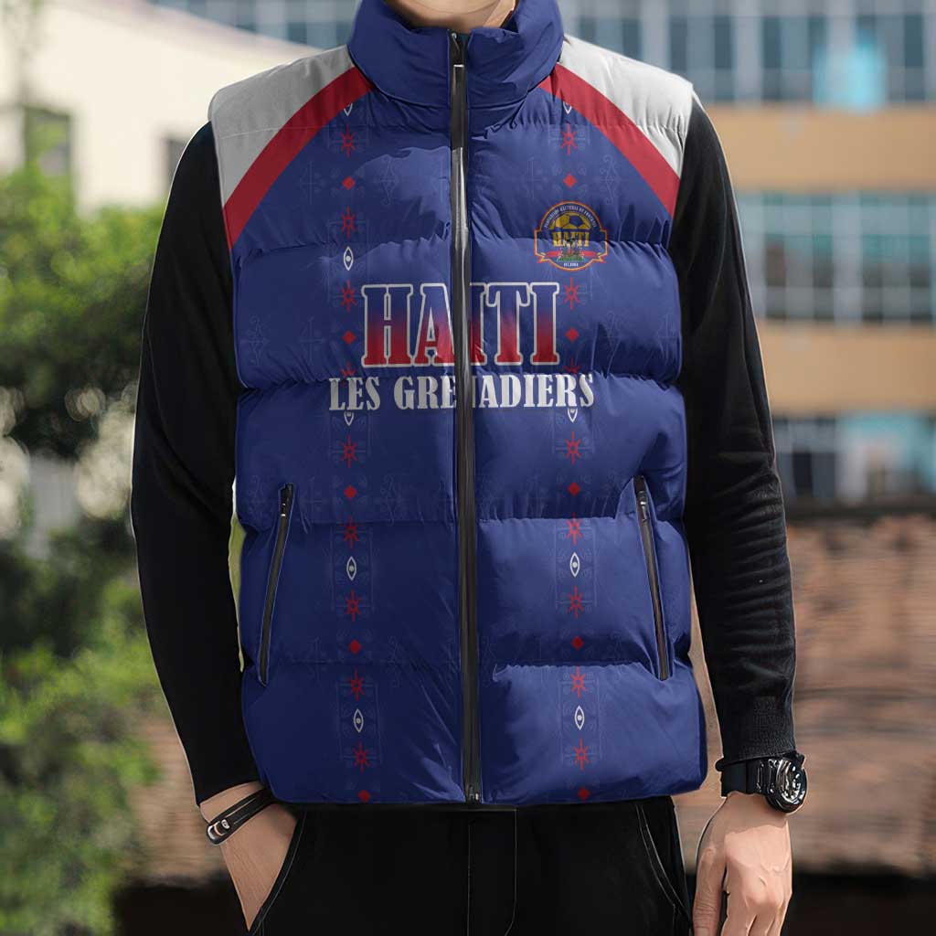 Custom Haiti Football Sleeveless Puffer Jacket Les Grenadiers Veve Haitian Vodou Blue Version - Wonder Print Shop