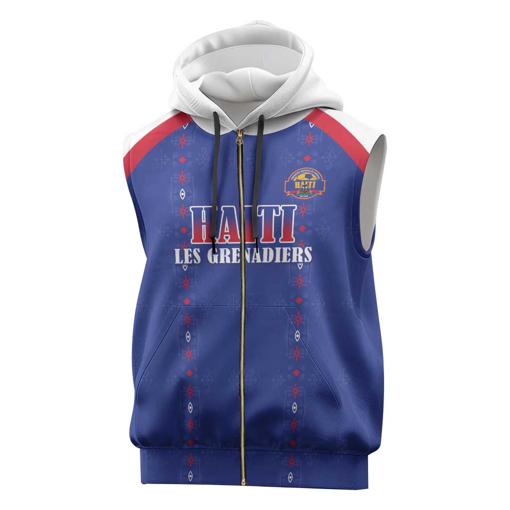 Custom Haiti Football Sleeveless Zip Hoodie Les Grenadiers Veve Haitian Vodou Blue Version - Wonder Print Shop