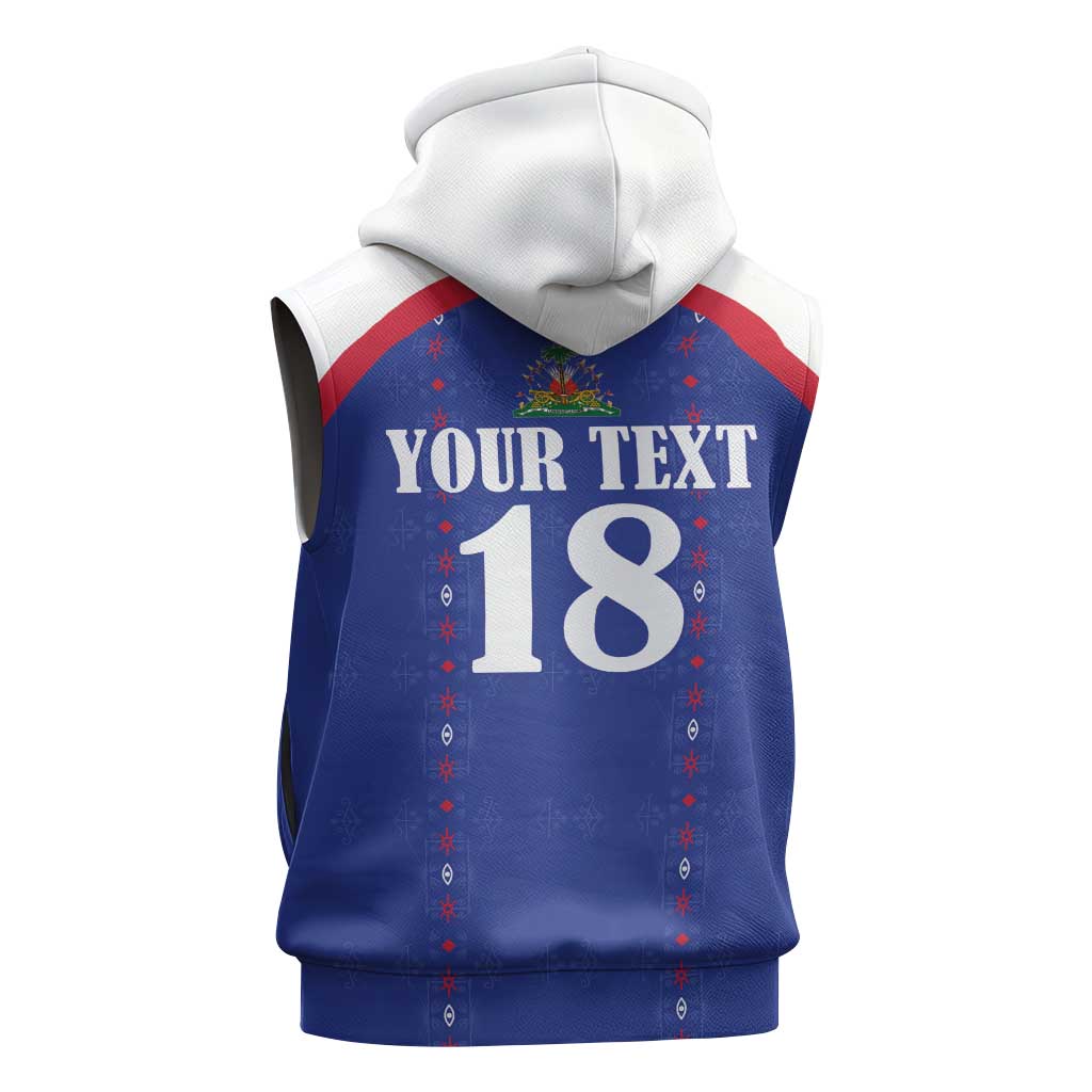 Custom Haiti Football Sleeveless Zip Hoodie Les Grenadiers Veve Haitian Vodou Blue Version - Wonder Print Shop