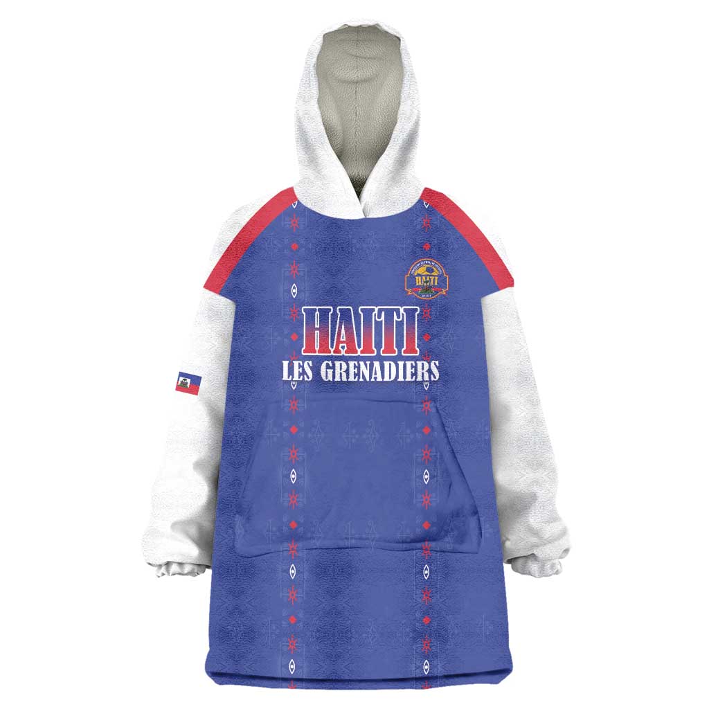 Custom Haiti Football Wearable Blanket Hoodie Les Grenadiers Veve Haitian Vodou Blue Version - Wonder Print Shop