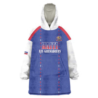 Custom Haiti Football Wearable Blanket Hoodie Les Grenadiers Veve Haitian Vodou Blue Version - Wonder Print Shop
