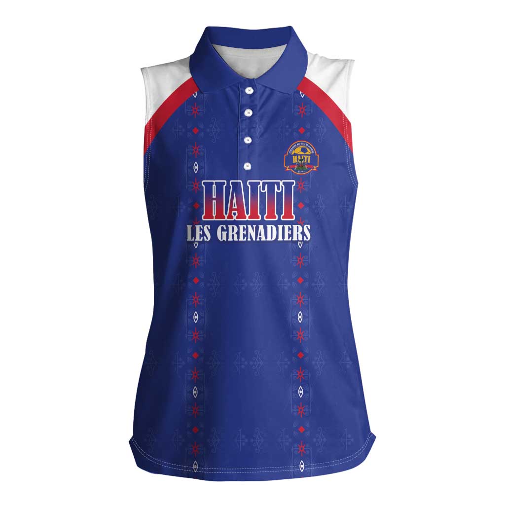 Custom Haiti Football Women Sleeveless Polo Shirt Les Grenadiers Veve Haitian Vodou Blue Version - Wonder Print Shop
