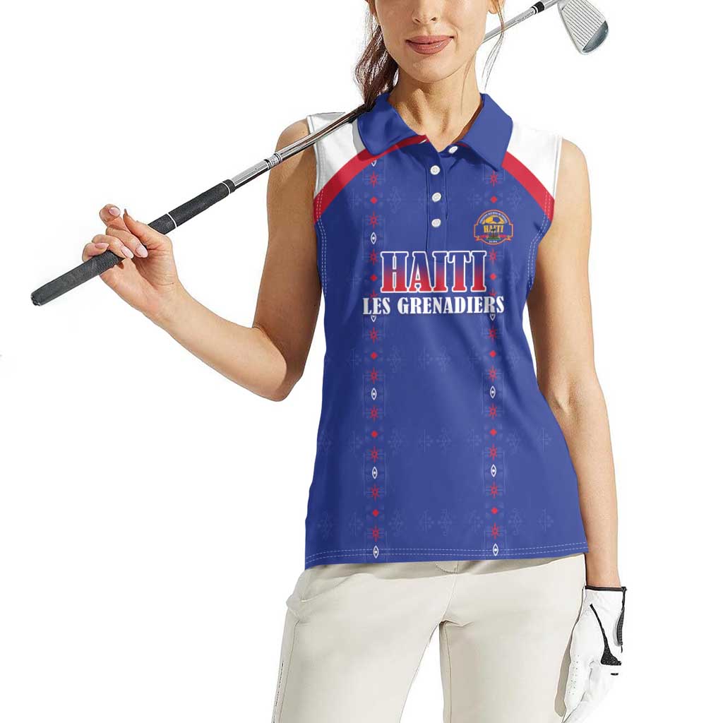 Custom Haiti Football Women Sleeveless Polo Shirt Les Grenadiers Veve Haitian Vodou Blue Version - Wonder Print Shop