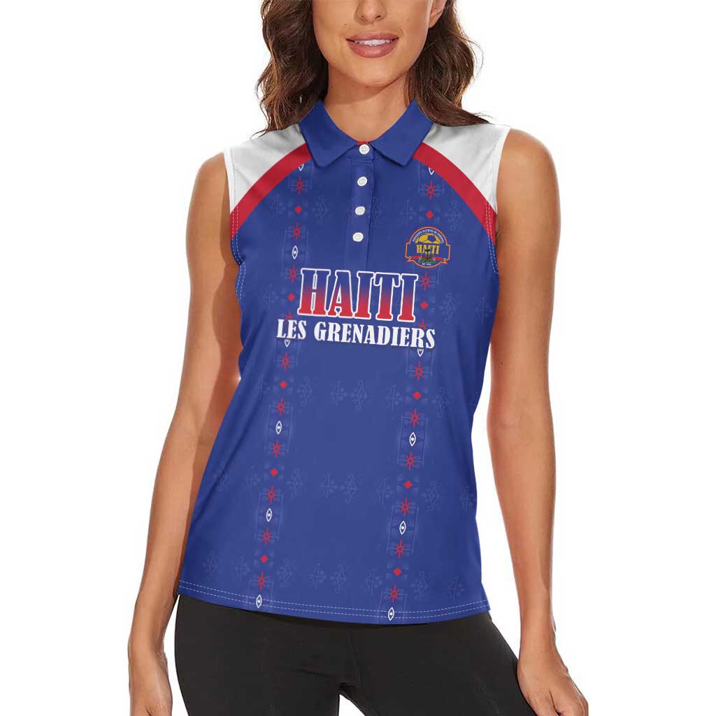 Custom Haiti Football Women Sleeveless Polo Shirt Les Grenadiers Veve Haitian Vodou Blue Version - Wonder Print Shop