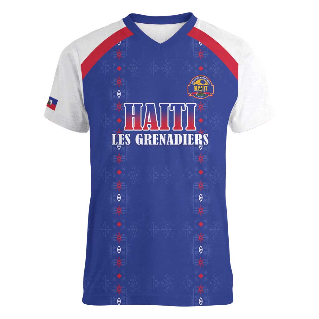 Custom Haiti Football Women V-Neck T-Shirt Les Grenadiers Veve Haitian Vodou Blue Version - Wonder Print Shop