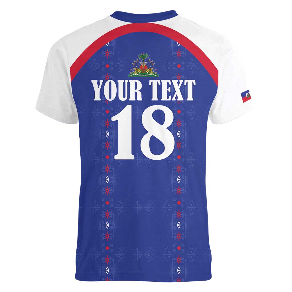 Custom Haiti Football Women V-Neck T-Shirt Les Grenadiers Veve Haitian Vodou Blue Version - Wonder Print Shop