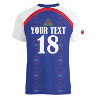 Custom Haiti Football Women V-Neck T-Shirt Les Grenadiers Veve Haitian Vodou Blue Version - Wonder Print Shop