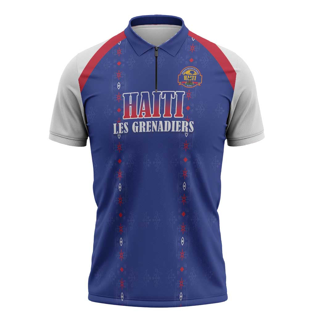 Custom Haiti Football Zipper Polo Shirt Les Grenadiers Veve Haitian Vodou Blue Version - Wonder Print Shop