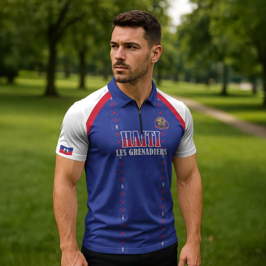 Custom Haiti Football Zipper Polo Shirt Les Grenadiers Veve Haitian Vodou Blue Version - Wonder Print Shop