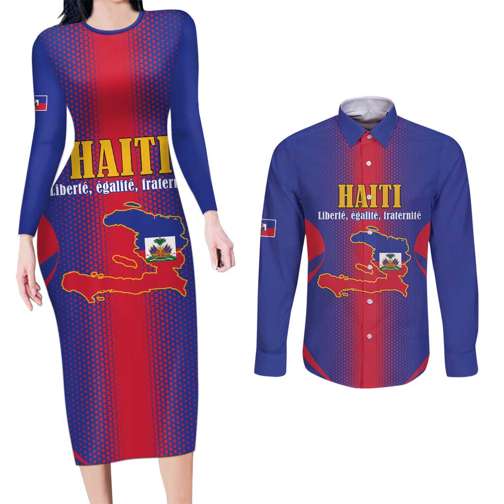 Haiti Pride Personalized Couples Matching Long Sleeve Bodycon Dress and Long Sleeve Button Shirt Neg Marron Haitian Heritage - Wonder Print Shop