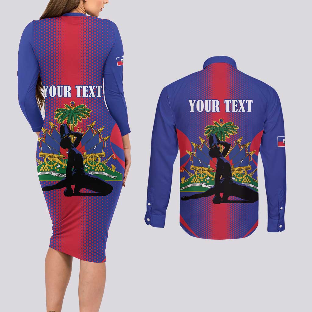 Haiti Pride Personalized Couples Matching Long Sleeve Bodycon Dress and Long Sleeve Button Shirt Neg Marron Haitian Heritage - Wonder Print Shop