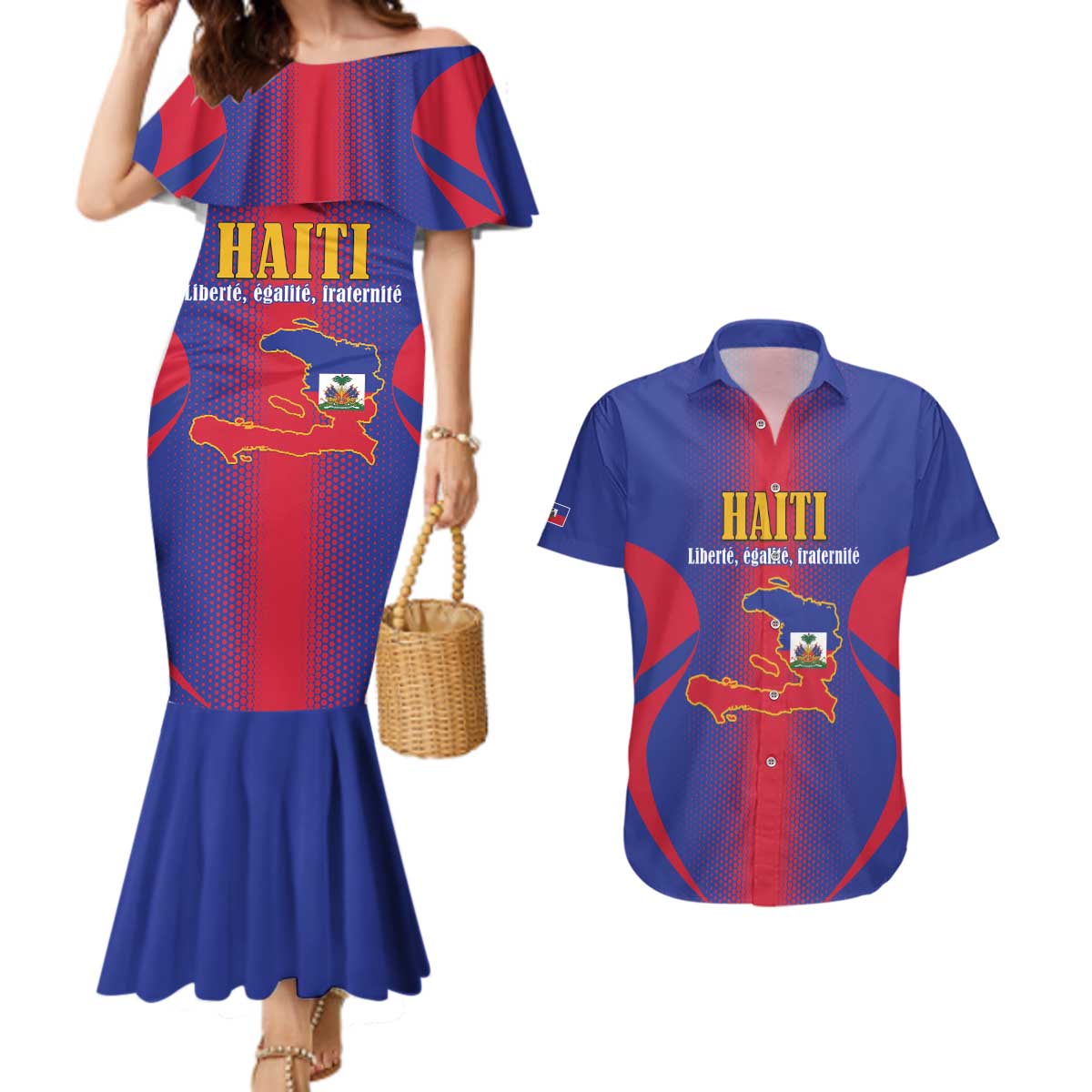Haiti Pride Personalized Couples Matching Mermaid Dress and Hawaiian Shirt Neg Marron Haitian Heritage - Wonder Print Shop