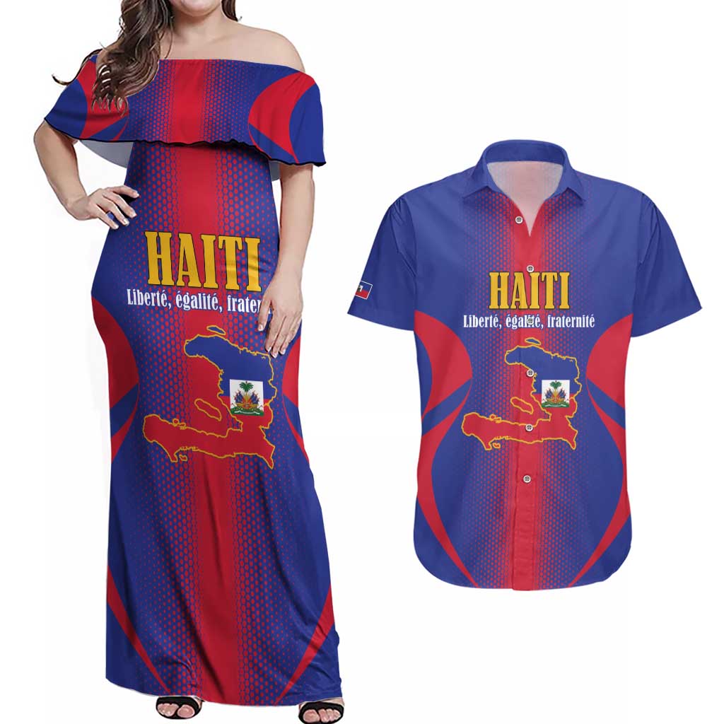 Haiti Pride Personalized Couples Matching Off Shoulder Maxi Dress and Hawaiian Shirt Neg Marron Haitian Heritage - Wonder Print Shop