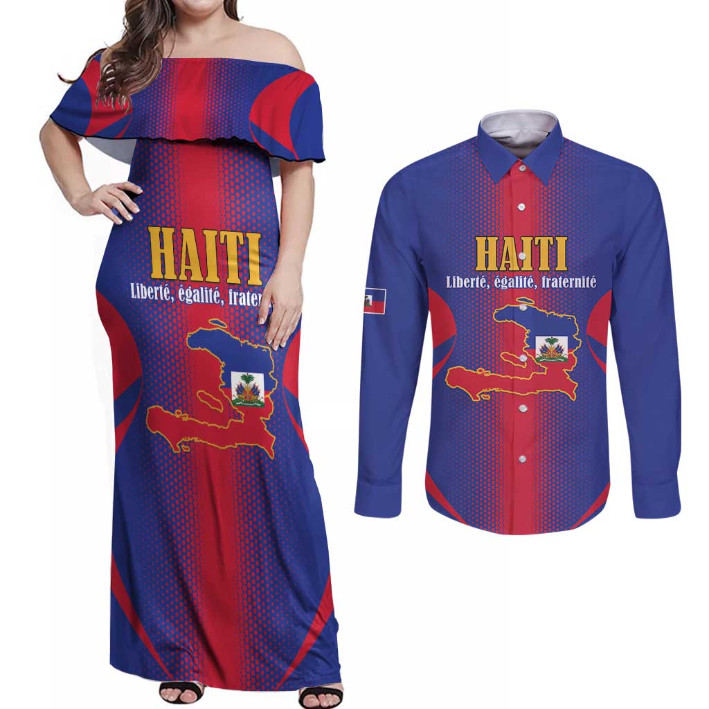 Haiti Pride Personalized Couples Matching Off Shoulder Maxi Dress and Long Sleeve Button Shirt Neg Marron Haitian Heritage - Wonder Print Shop