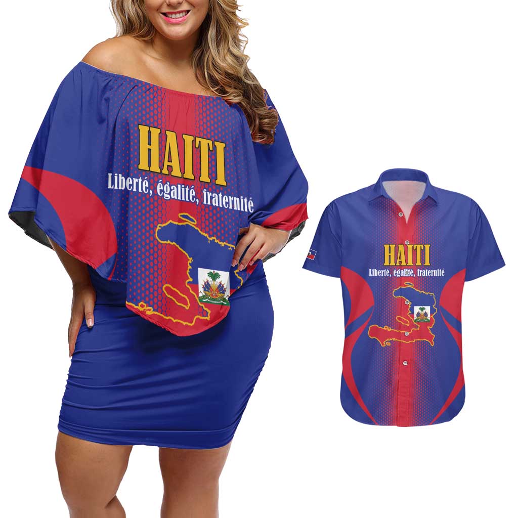 Haiti Pride Personalized Couples Matching Off Shoulder Short Dress and Hawaiian Shirt Neg Marron Haitian Heritage - Wonder Print Shop